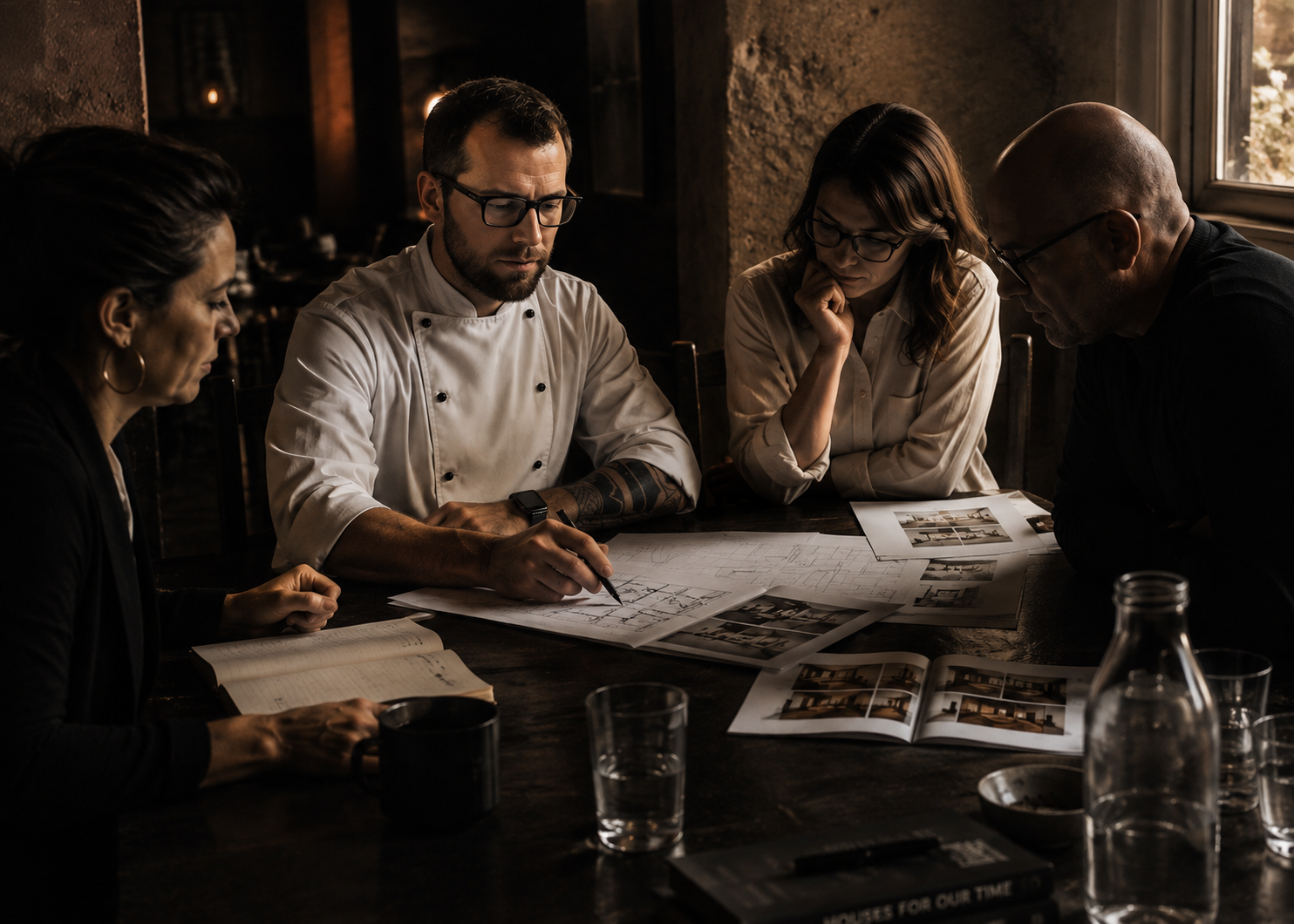 Consultants and chef reviewing restaurant floor plans