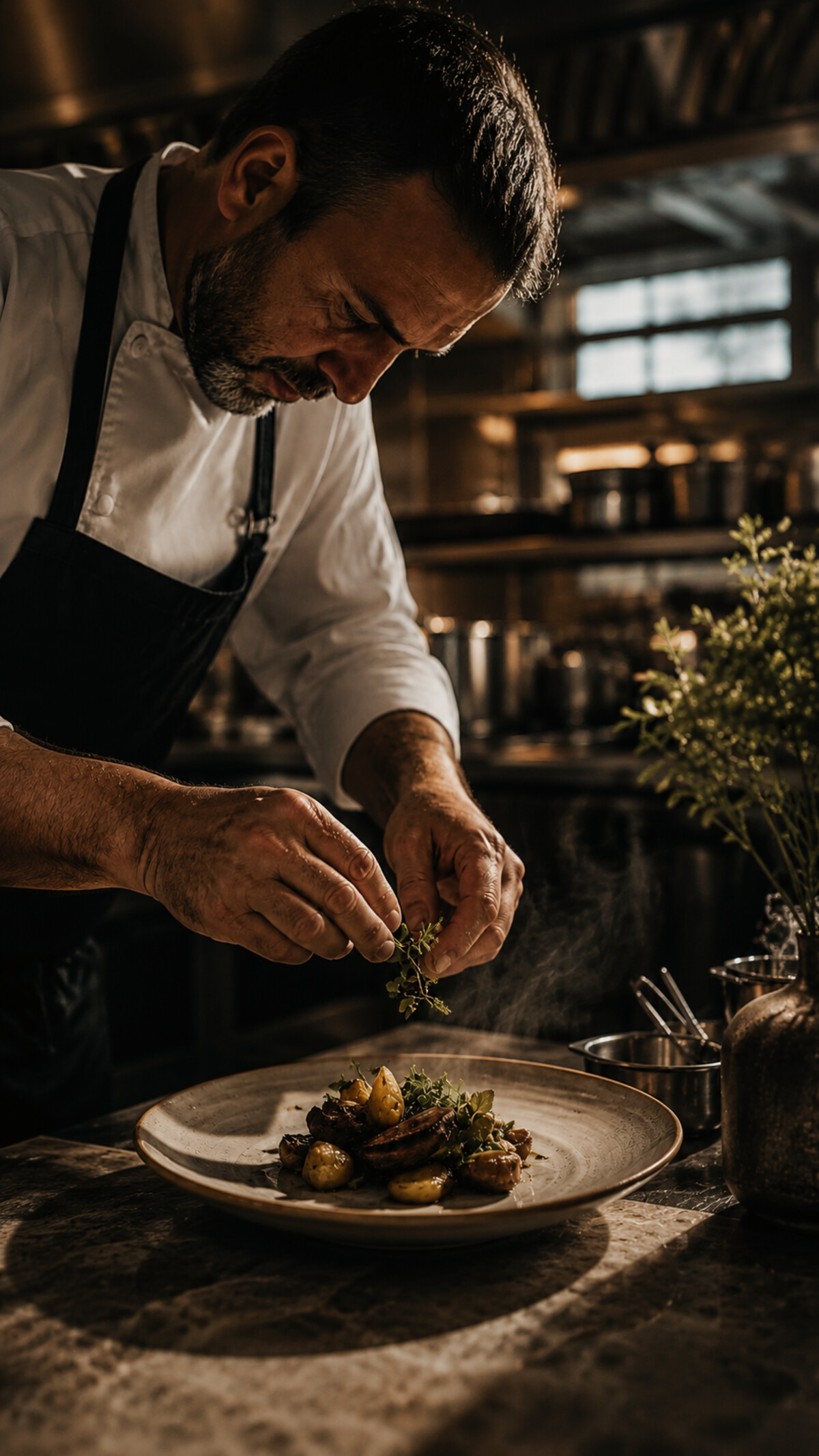 Chef carefully plating a dish in a professional kitchen