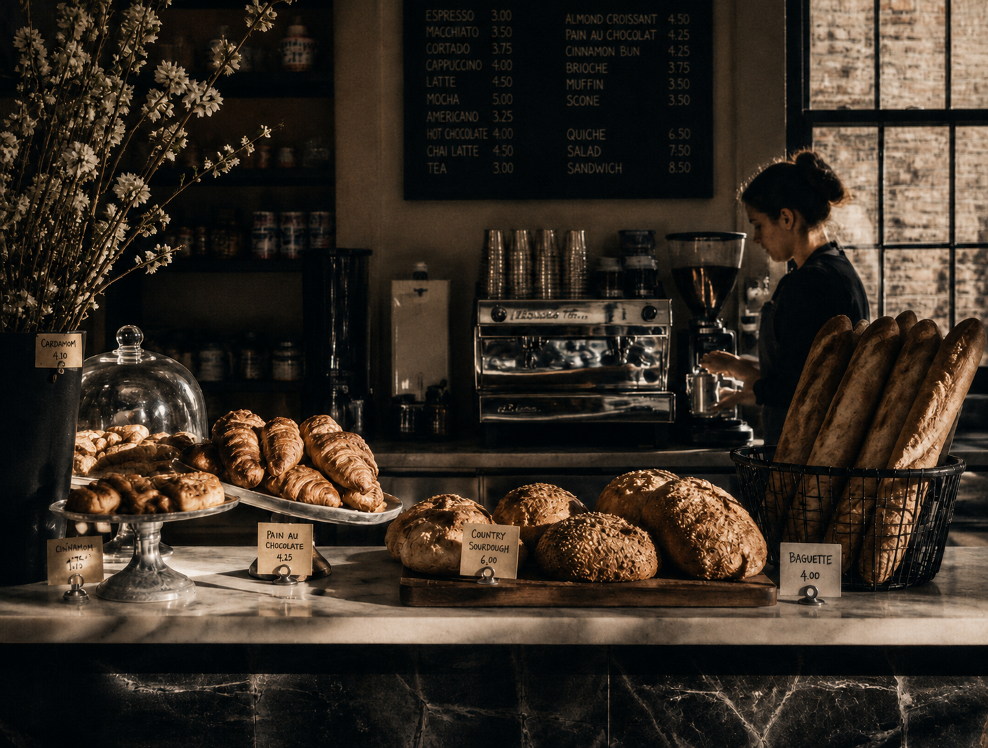Artisan bakery and café counter with breads, pastries and a barista